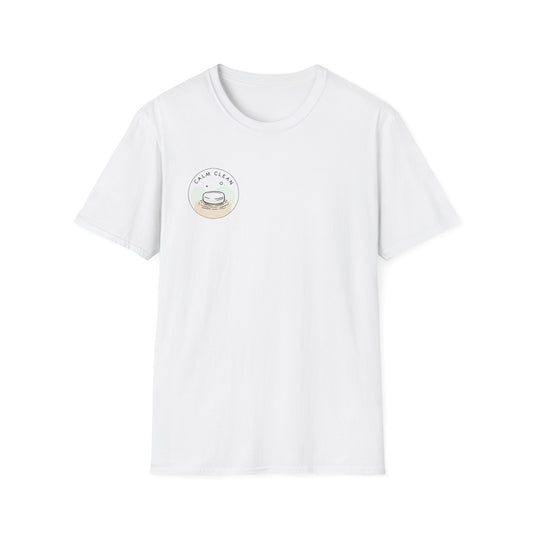 T-Shirt —Calm Clean Business Logo Front Patch & Scannable QR Code Back